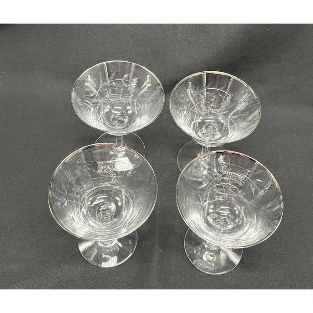 Four Fostoria Bridal Belle Crystal Martini Glasses Platinum‎ Rim Etched Vintage